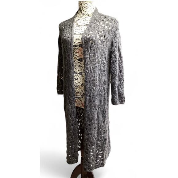 Eileen Fisher Crochet wool/mohair blend sweater cardigan 3/4 sleeves size M gray - Picture 1 of 8